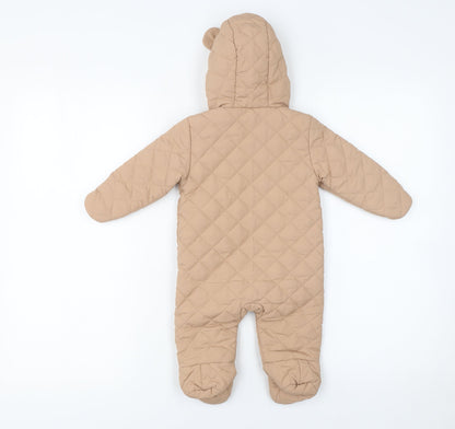 F&F Unisex Baby Beige Quilted Hooded Snowsuit 0-3 Months Winter Zip Suit