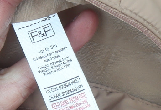 F&F Unisex Baby Beige Quilted Hooded Snowsuit 0-3 Months Winter Zip Suit