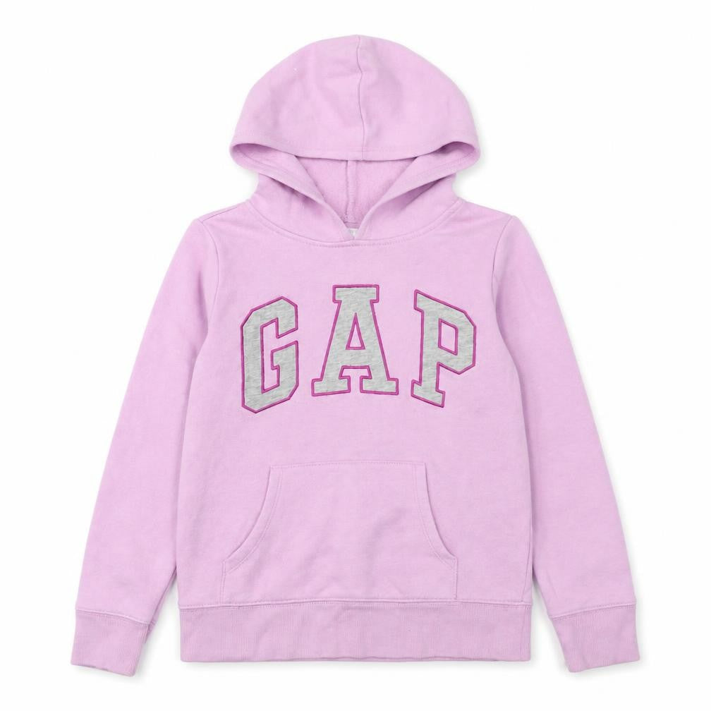 Front view of Gap girls’ pink pullover hoodie, size 10, years logo fleece sweatshirt