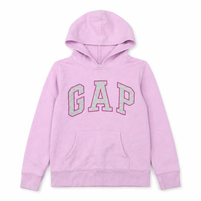 Front view of Gap girls’ pink pullover hoodie, size 10, years logo fleece sweatshirt