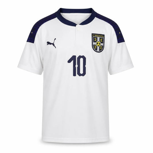 Front view of Puma boys’ white serbia football jersey t-shirt, size 152, lightweight sports top