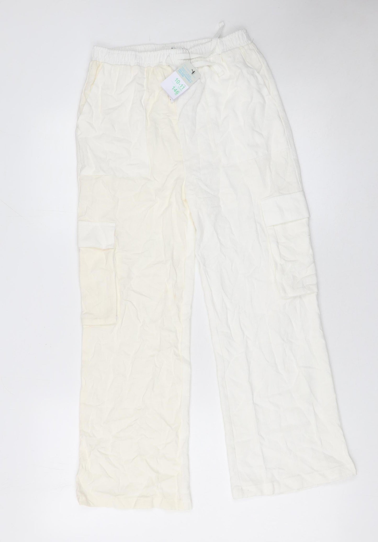 Primark Girls Ivory Cargo Linen Blend Trousers 10-11 Years Lightweight Elastic Waist
