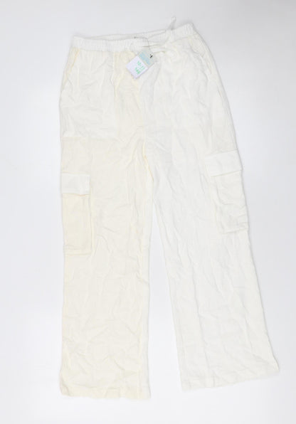Primark Girls Ivory Cargo Linen Blend Trousers 10-11 Years Lightweight Elastic Waist