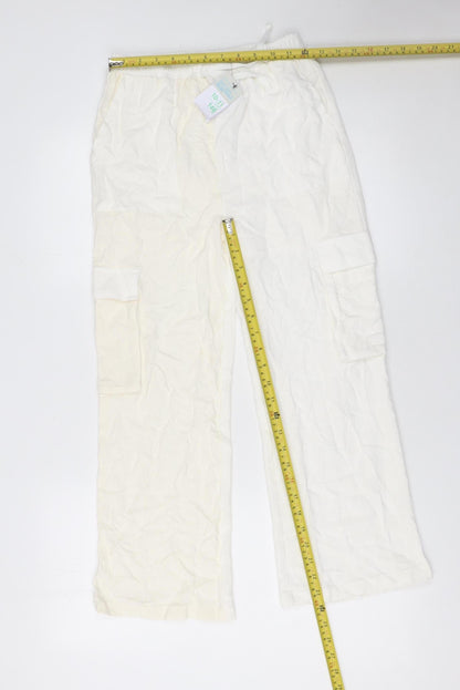 Primark Girls Ivory Cargo Linen Blend Trousers 10-11 Years Lightweight Elastic Waist