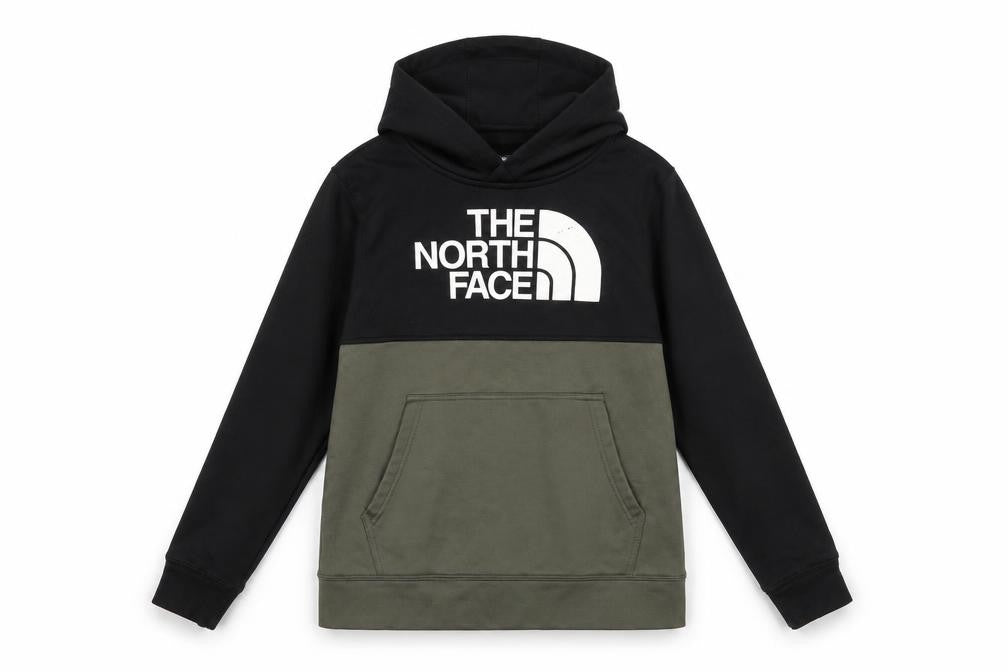 Front view of The North Face boys’ black pullover hoodie l fleece logo sweatshirt