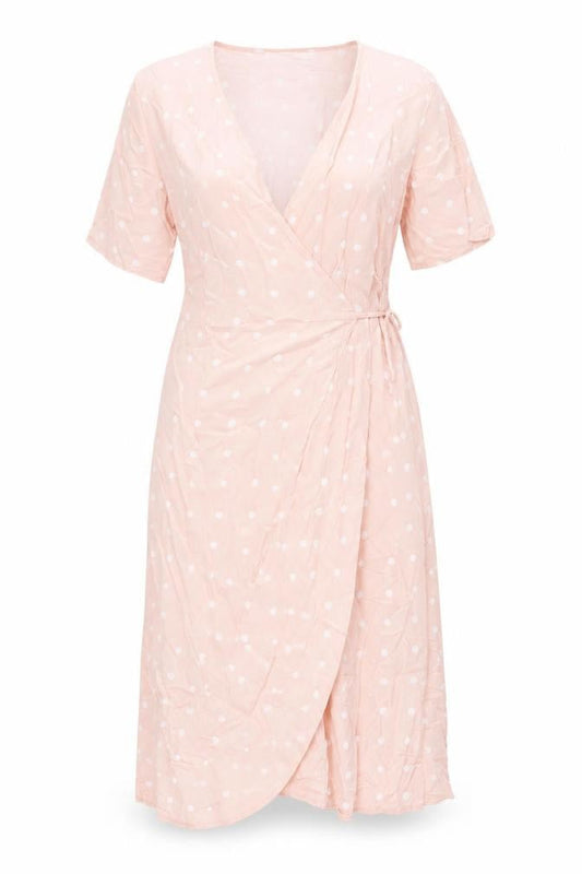 Front view of Only Women Pink Polka Dot Wrap Midi Dress S