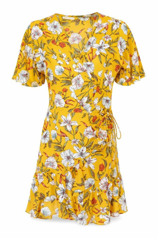 Vera & Lucy Women Yellow Floral Wrap Short Dress L Ruffle Summer