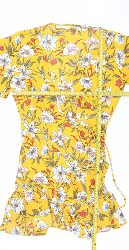 Vera & Lucy Women Yellow Floral Wrap Short Dress L Ruffle Summer