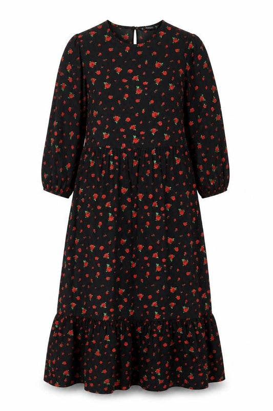 Front view of Dunnes Women’s Black Floral Midi A-Line Dress XS 3/4 Sleeve