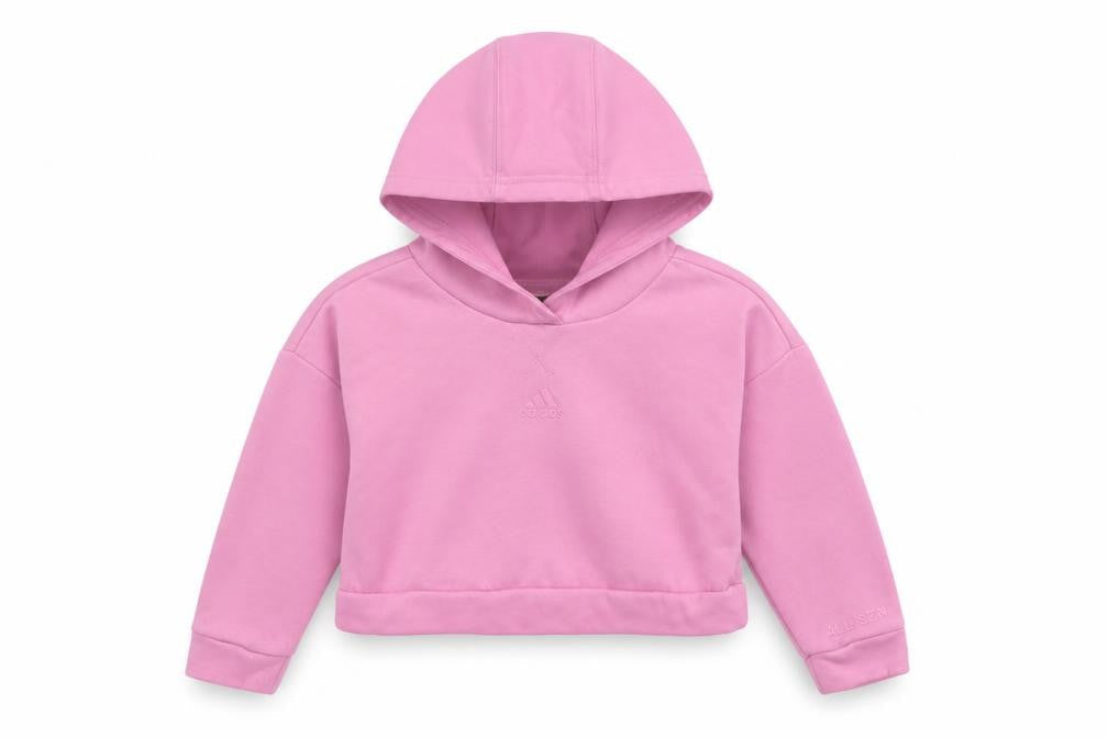 Front view of Adidas girls’ pink pullover hoodie 3-4 years logo fleece all seasons