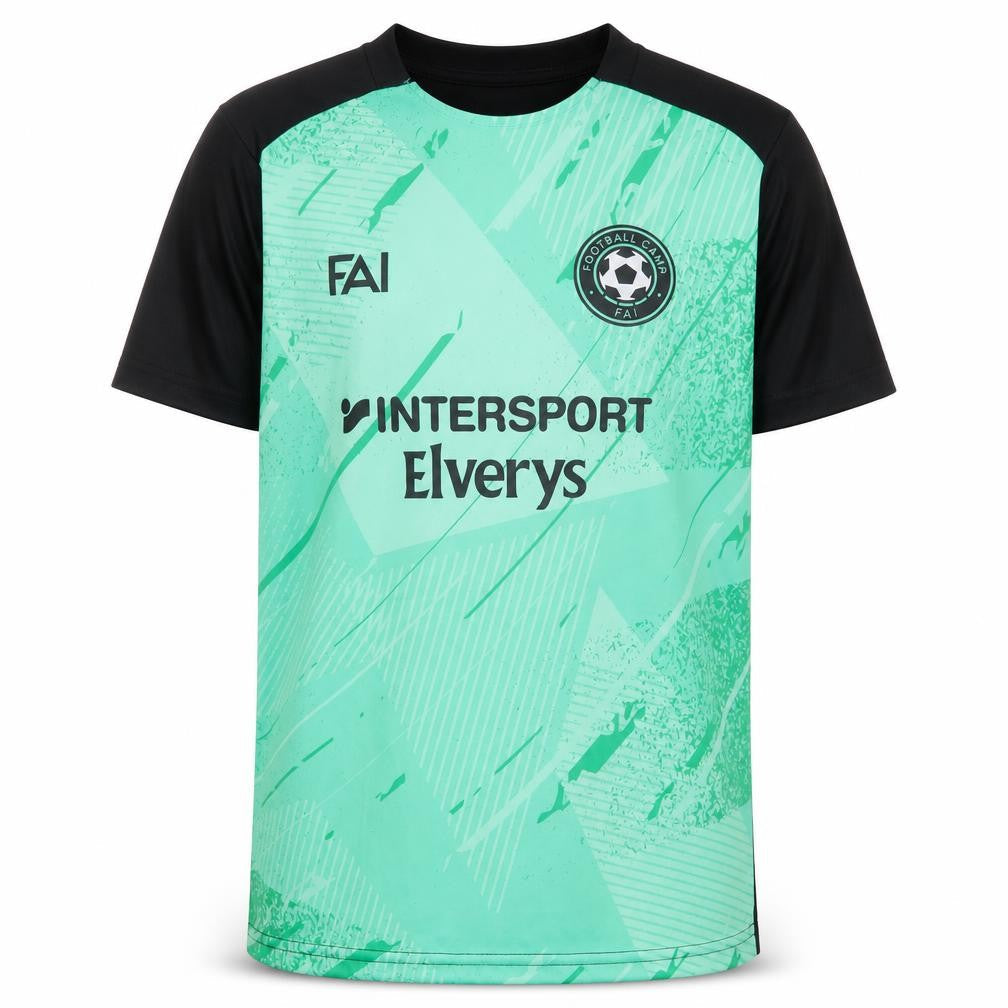 Front view of Football Camp FAI boys’ green short sleeve athletic t-shirt, size S