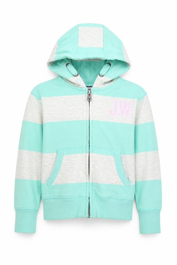 Front view of Jack Wills boys’ green striped hooded full zip jacket 5-6 years