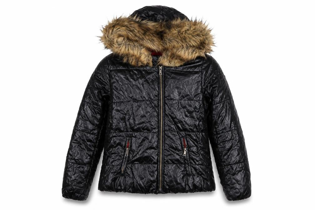 Roiii Women's Black Hooded Puffer Jacket with Faux Fur Trim Size M