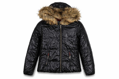 Roiii Women's Black Hooded Puffer Jacket with Faux Fur Trim Size M