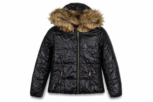 Roiii Women's Black Hooded Puffer Jacket with Faux Fur Trim Size M