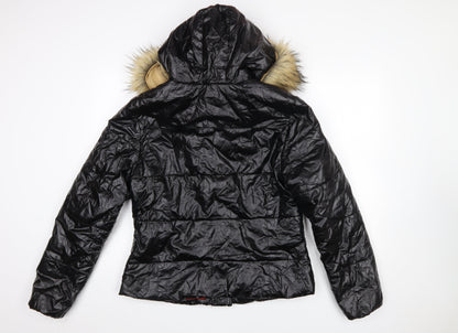 Roiii Women's Black Hooded Puffer Jacket with Faux Fur Trim Size M