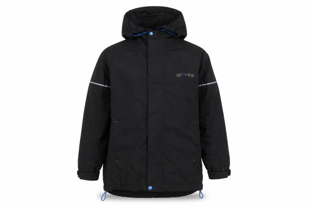 Front view of Granite Outdoors boys’ black hooded waterproof rain coat 9-10 years
