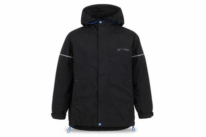 Front view of Granite Outdoors boys’ black hooded waterproof rain coat 9-10 years