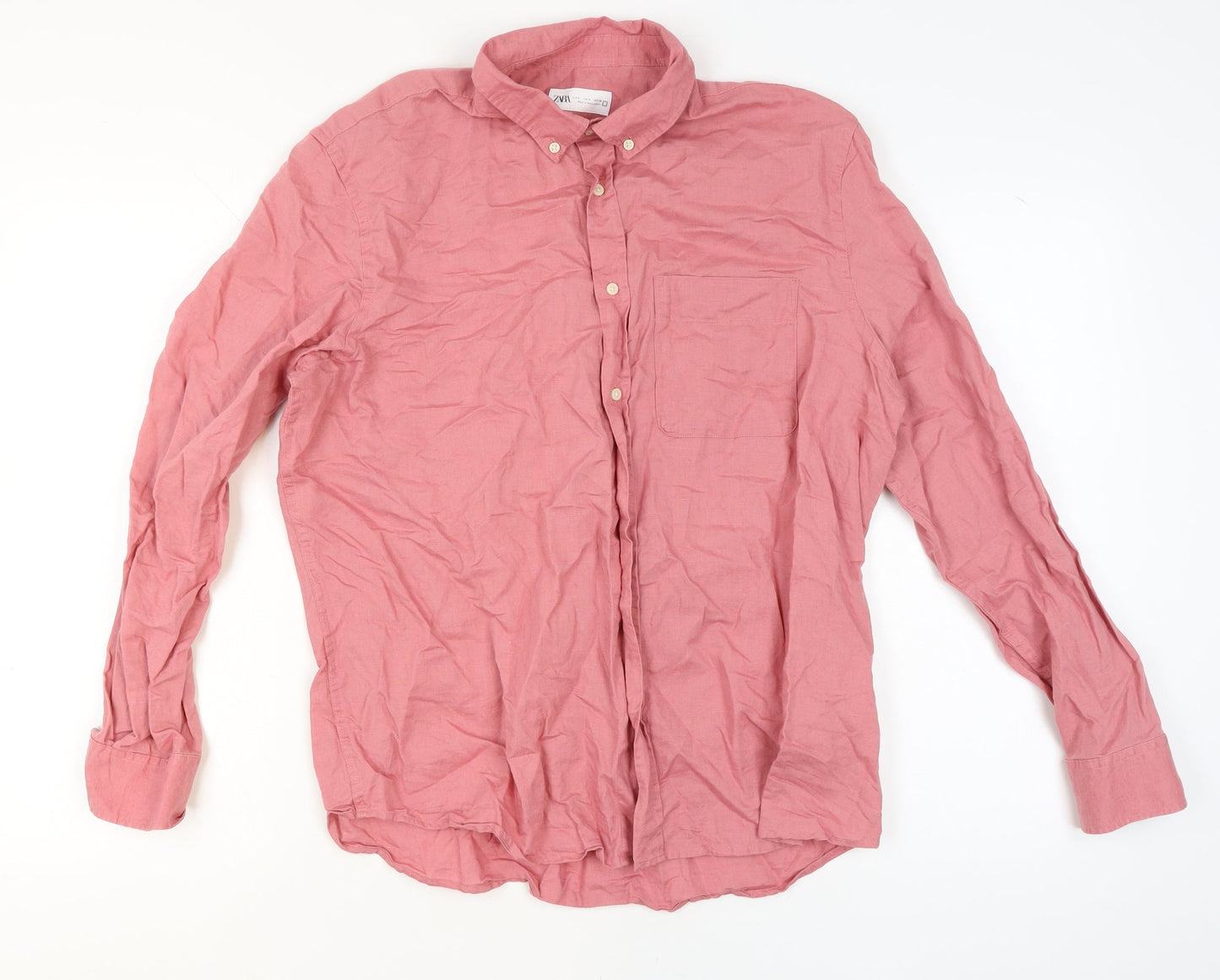 Zara Men's Pink Linen Cotton Button-Up Shirt Size L