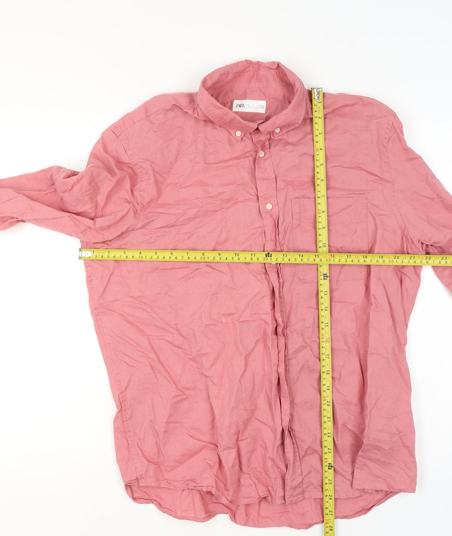 Zara Men's Pink Linen Cotton Button-Up Shirt Size L