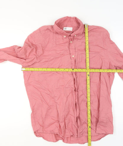 Zara Men's Pink Linen Cotton Button-Up Shirt Size L