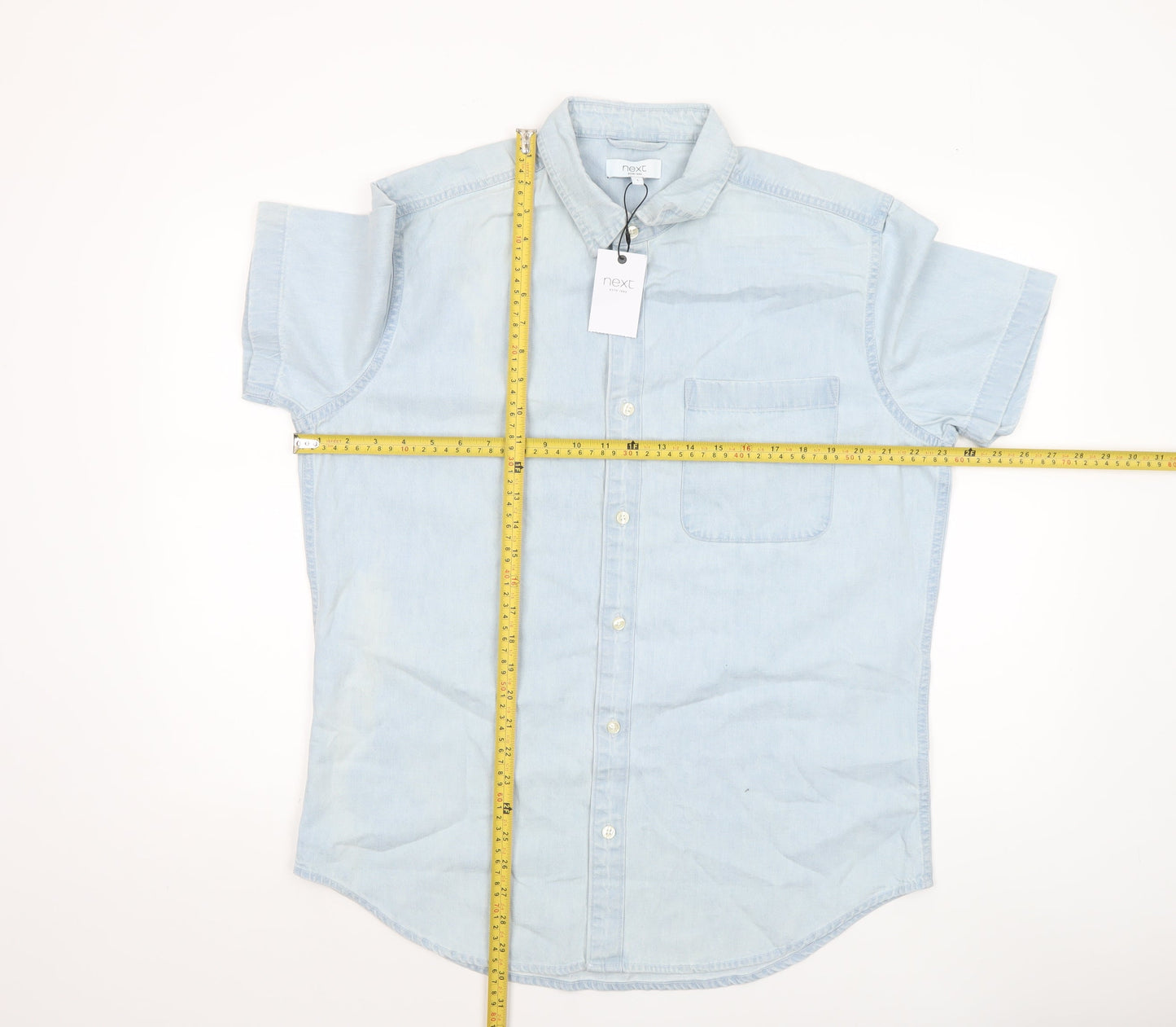 Next Men's Blue Short Sleeve Button-Up Cotton Shirt L 42-44in