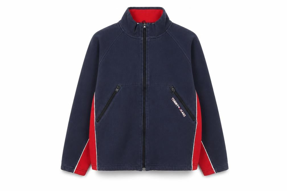 Front view of Tommy Hilfiger boys’ blue full zip cotton jacket, size L, classic logo