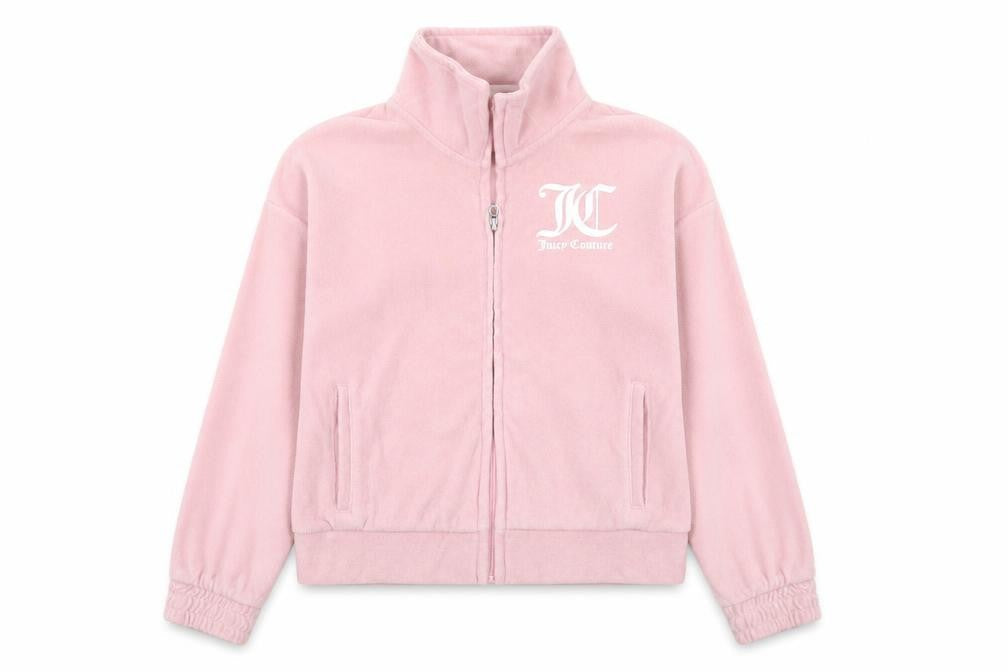 Front view of Juicy Couture girls’ pink velour track jacket 12-13 years full zip logo