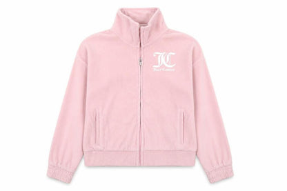 Front view of Juicy Couture girls’ pink velour track jacket 12-13 years full zip logo