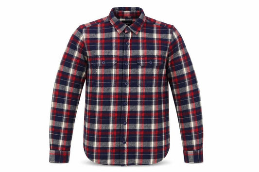 Front view of Pull&Bear Men's Red Navy Check Flannel Button-Up Shirt, size S