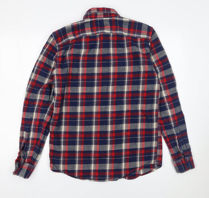 Pull&Bear Men's Red Navy Check Flannel Button-Up Shirt Size S