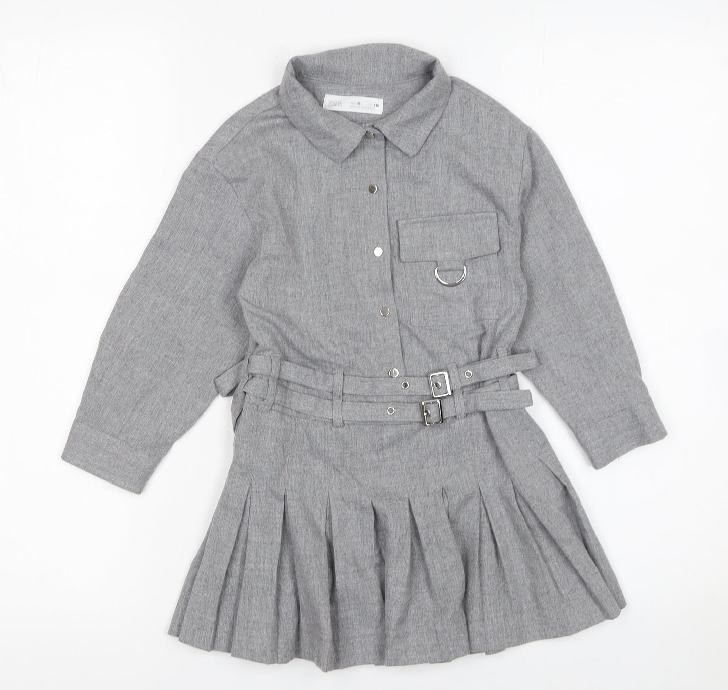 Zara Girls Grey Belted Pleated Shirt Dress 6 Years Woven Long Sleeve