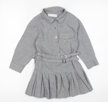 Zara Girls Grey Belted Pleated Shirt Dress 6 Years Woven Long Sleeve