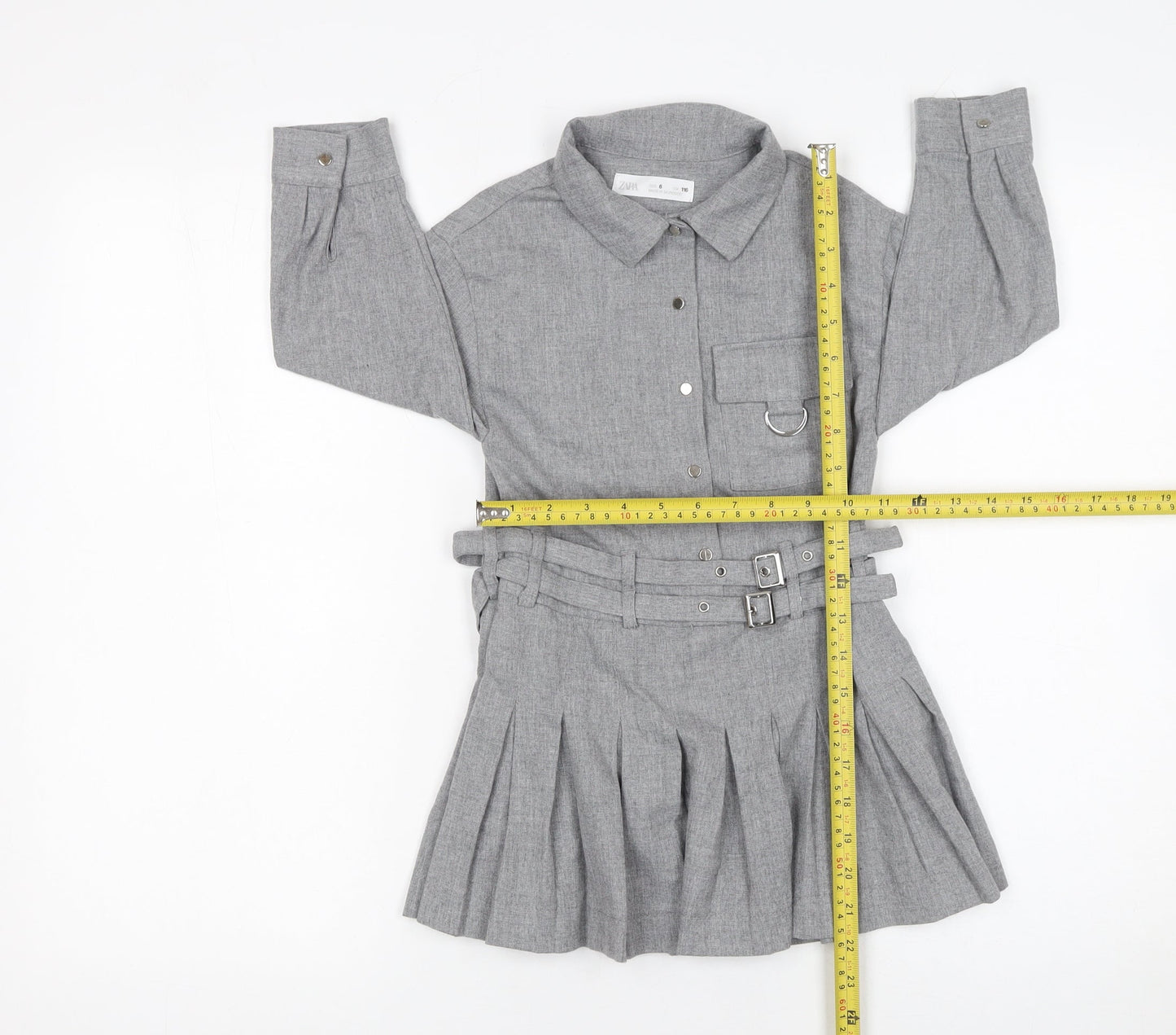 Zara Girls Grey Belted Pleated Shirt Dress 6 Years Woven Long Sleeve