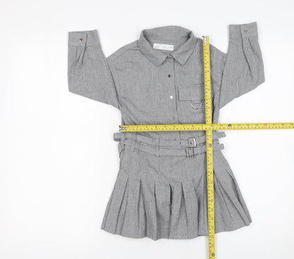 Zara Girls Grey Belted Pleated Shirt Dress 6 Years Woven Long Sleeve