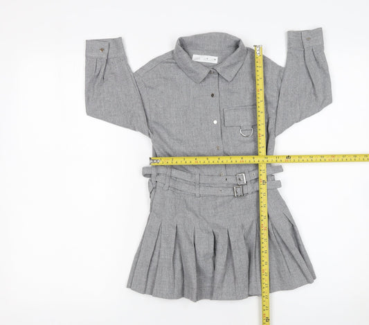 Zara Girls Grey Belted Pleated Shirt Dress 6 Years Woven Long Sleeve