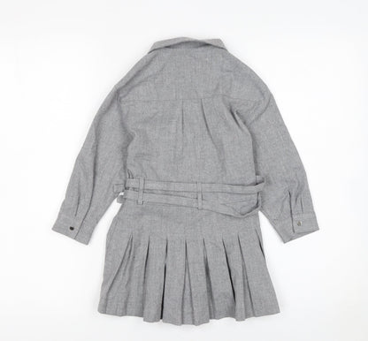Zara Girls Grey Belted Pleated Shirt Dress 6 Years Woven Long Sleeve