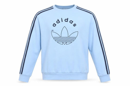 Front view of Adidas boys’ blue crew neck pullover sweatshirt 14-15 years logo jersey