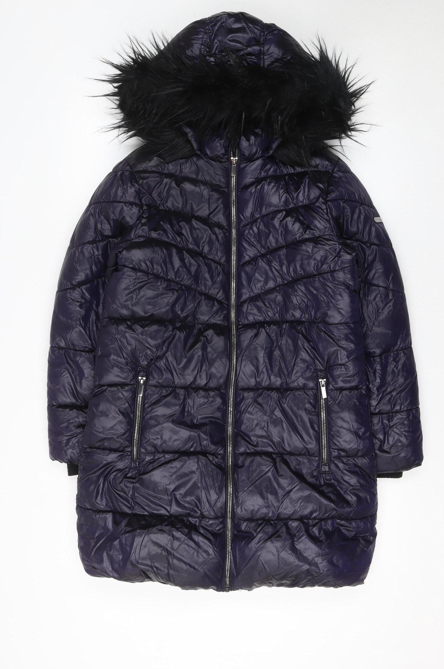 Next Girls Blue Puffer Coat 11 Years Hooded Long Winter Jacket with Faux Fur Trim