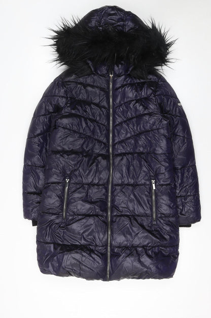 Next Girls Blue Puffer Coat 11 Years Hooded Long Winter Jacket with Faux Fur Trim