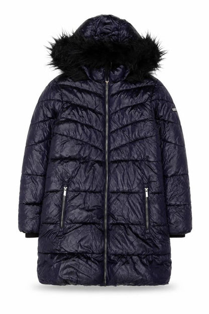 Front view of Next girls’ blue puffer coat 11 years hooded long winter jacket with faux fur trim