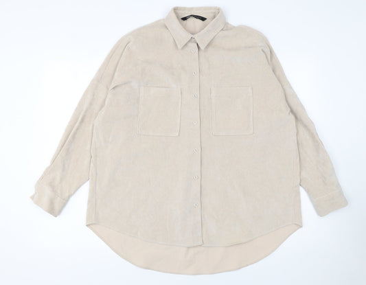 Womens UK Size 12 Zara Beige Basic Button-Up