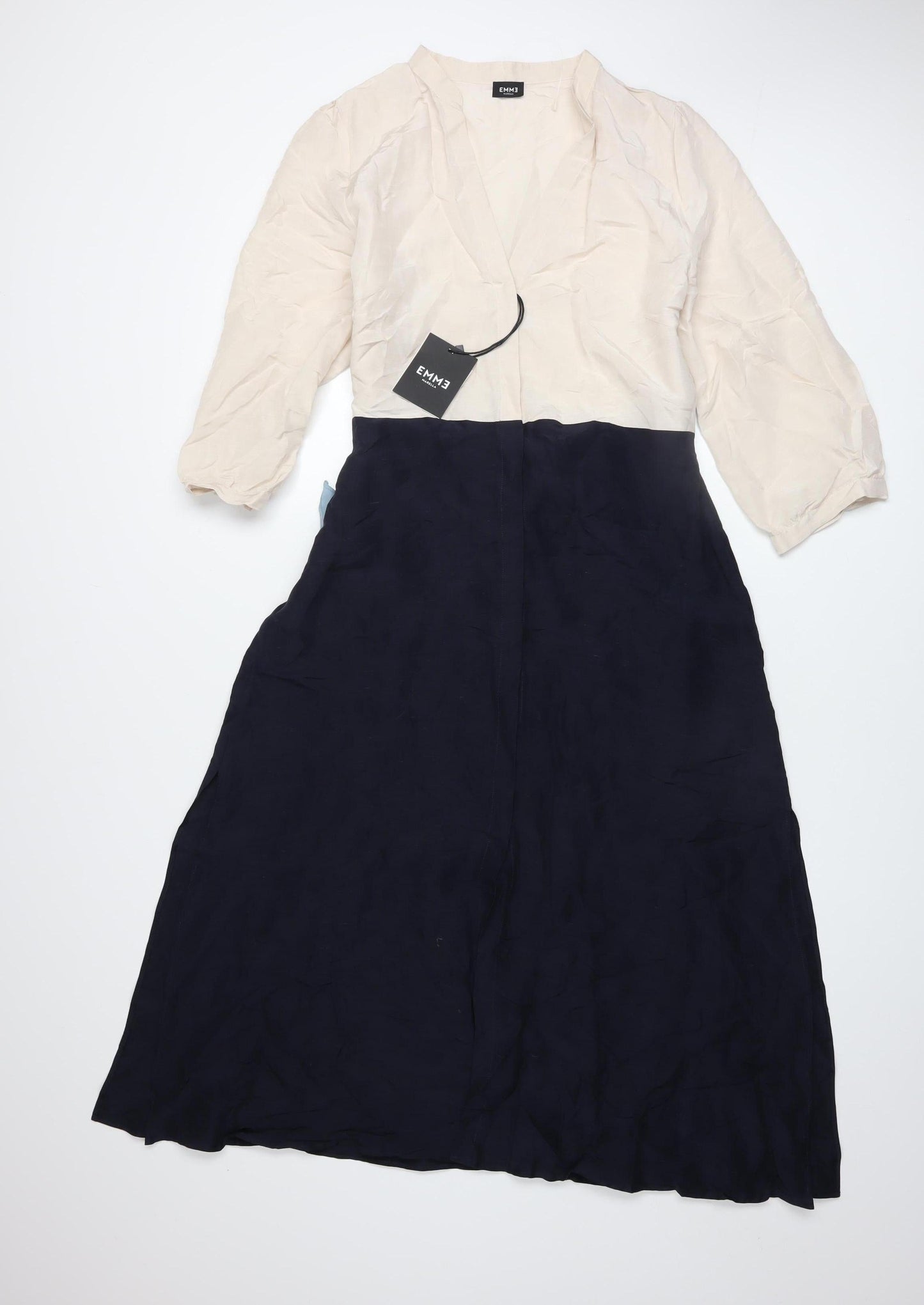 EMME Marella Women's Beige & Navy A-Line Midi Dress Size 12