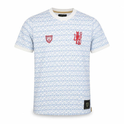 Front view of Football Town Men's Blue Graphic Print T-Shirt, size S, Cotton Crew Neck