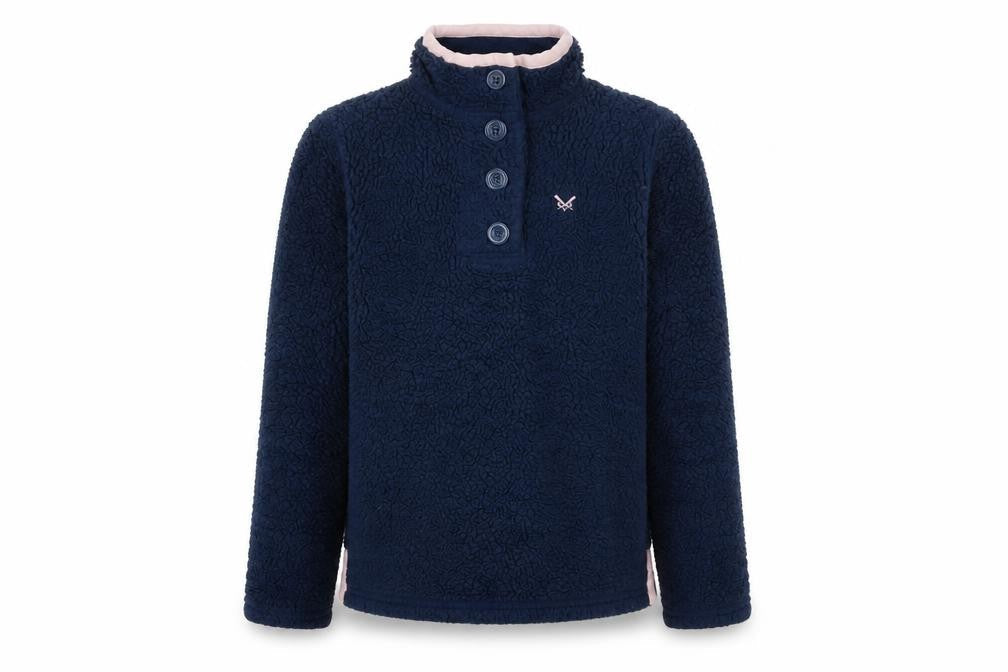 Front view of Crew Clothing girls’ blue fleece henley sweatshirt 8-9 years