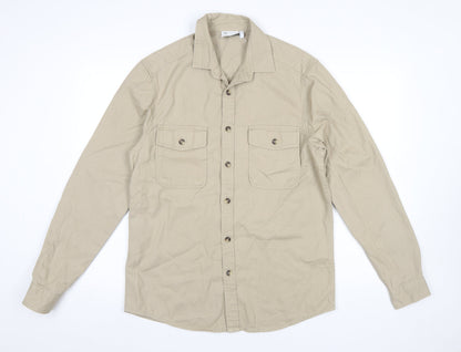ASOS DESIGN Men's Beige Cotton Button-Up Shirt Size S Long Sleeve