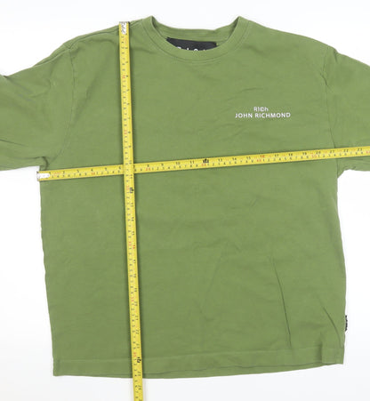 John Richmond Men's Green Long Sleeve Cotton Crew Neck Top Size L