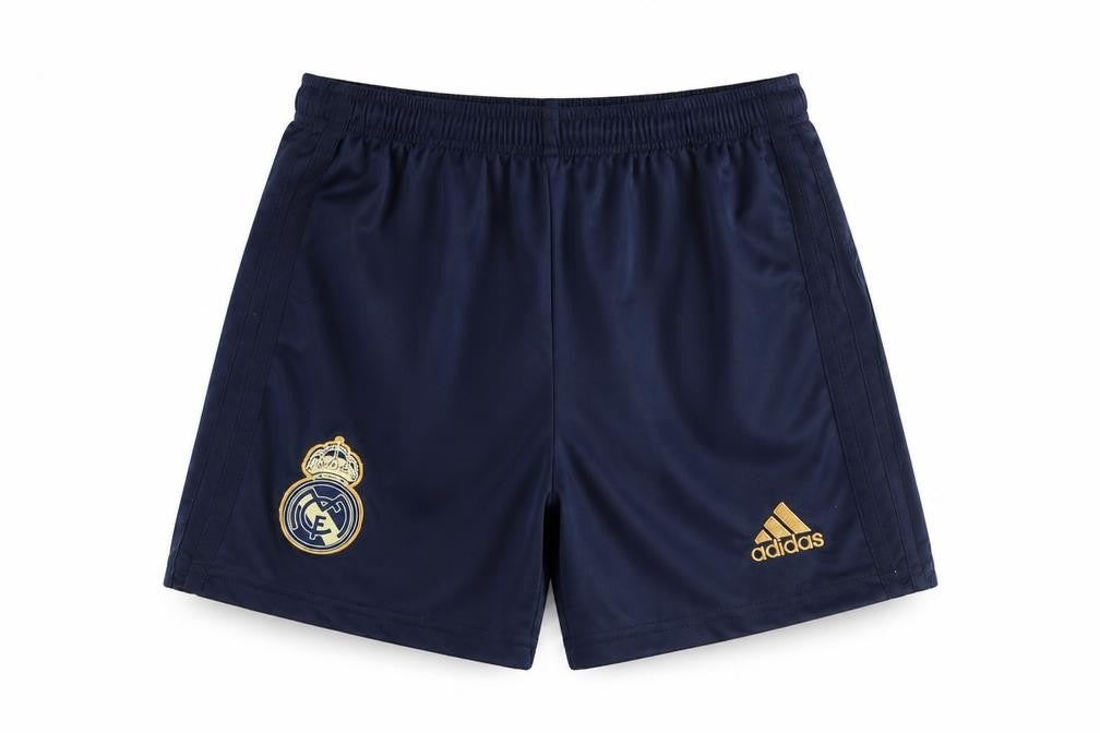 Front view of Adidas boys’ blue real madrid athletic football shorts, size 152