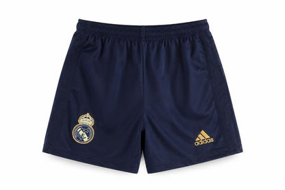Front view of Adidas boys’ blue real madrid athletic football shorts, size 152
