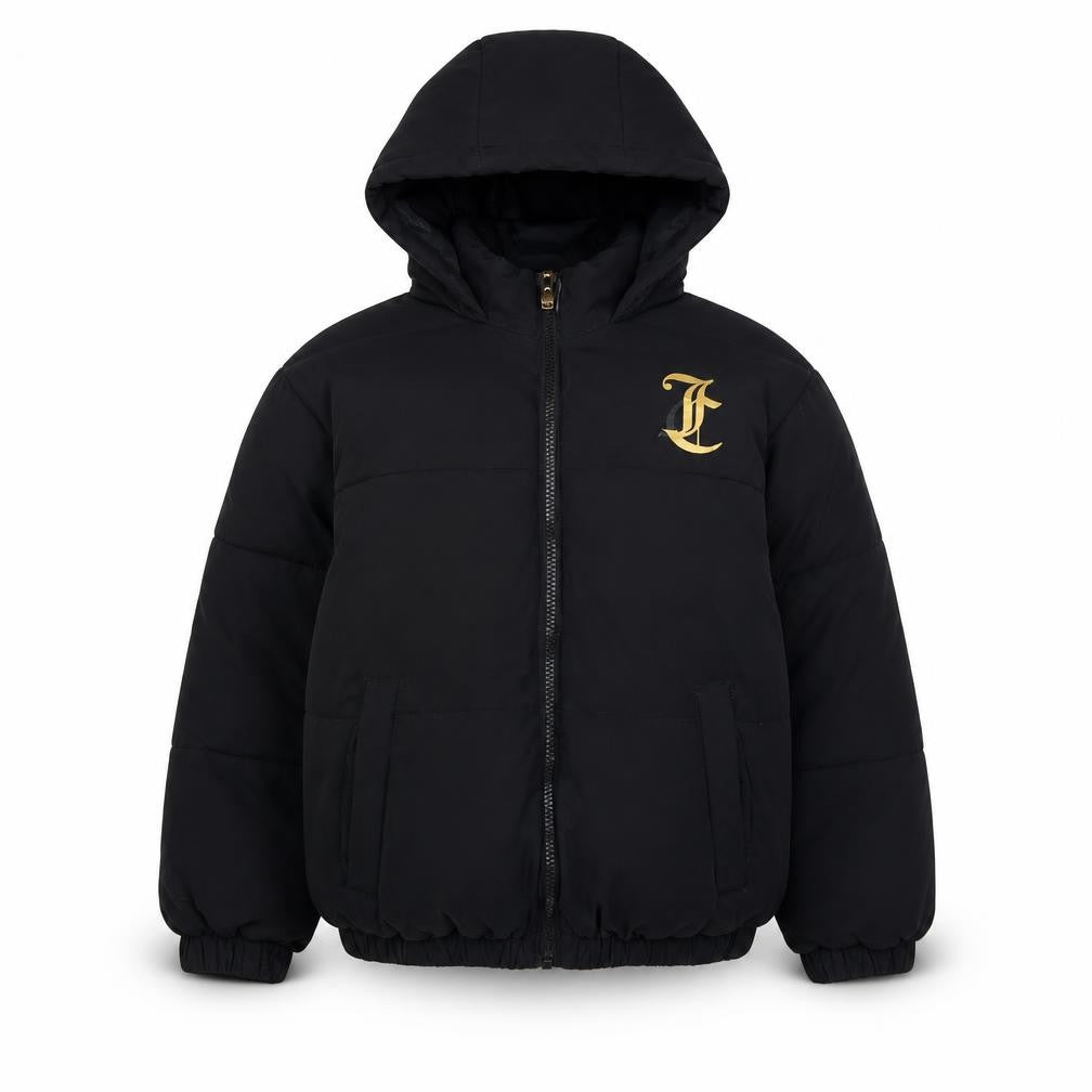 Front view of Juicy Couture girls’ black hooded puffer jacket 8 years winter full zip logo